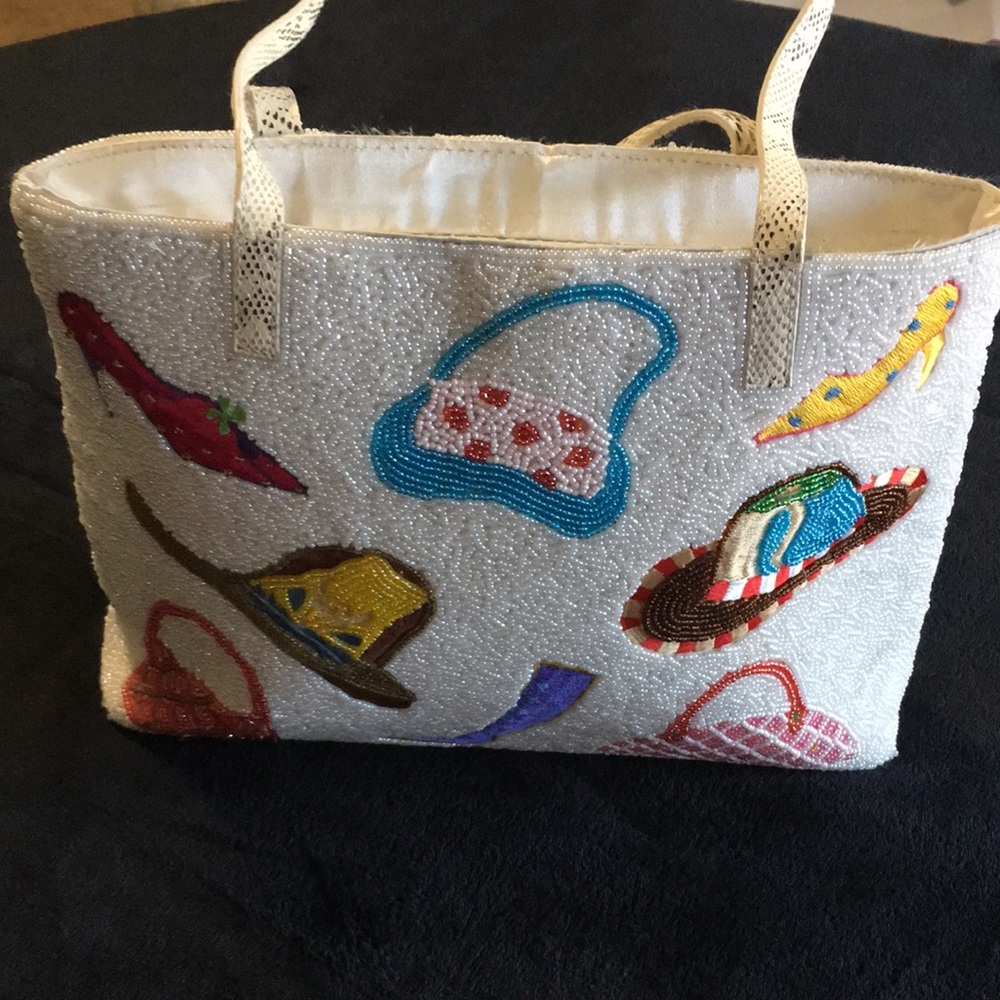 Beaded embroidered handbag with faux Snakeskin handles